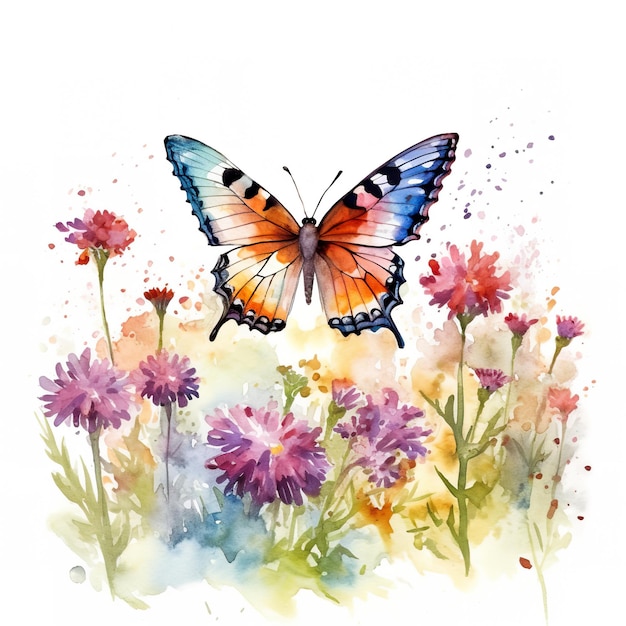 Una pintura de acuarela de una mariposa en un campo de flores Imagen AI generativa