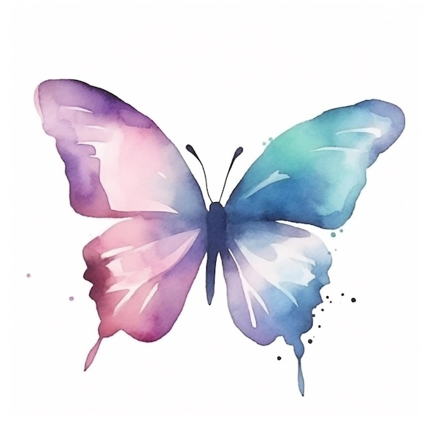 Pintura acuarela de una mariposa con colores azul y rosa.