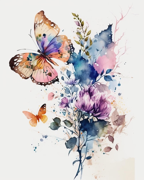 Una pintura de acuarela de una mariposa y una flor.