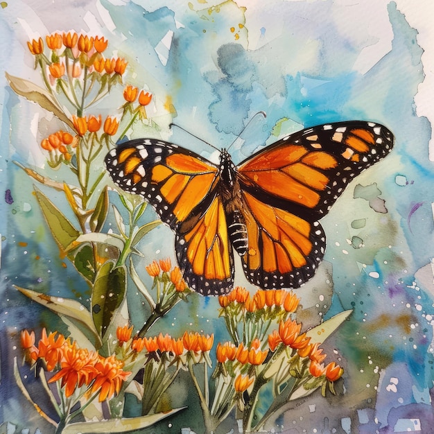 Pintura en acuarela de una mariposa monarca