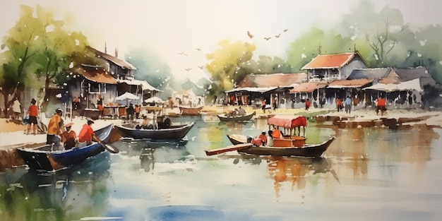 Pintura acuarela mercado flotante de Amphawa Amphawa Tailandia