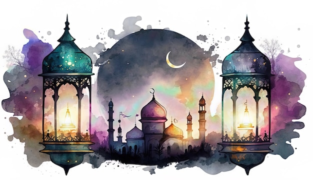 Una pintura de acuarela de una mezquita con luces y la luna al fondo.