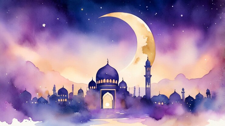 Pintura en acuarela de la mezquita y la luna creciente