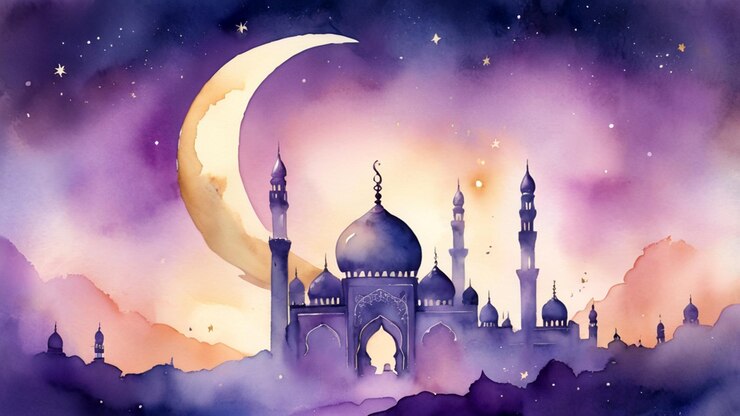 Pintura en acuarela de la mezquita y la luna creciente