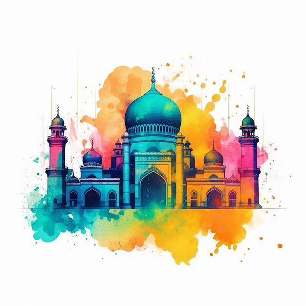 Pintura acuarela de una mezquita con el nombre taj mahal.