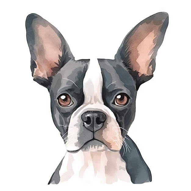 Pintura de acuarela minimalista de Boston Terrier sobre fondo blanco