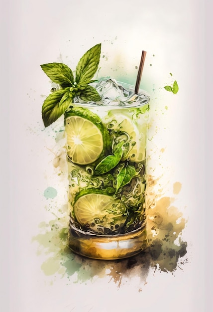 Una pintura en acuarela de un mojito con pajita y una bebida con pajita.