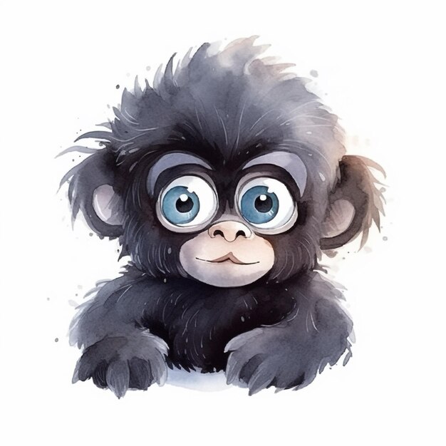 Foto una pintura de acuarela de un mono con grandes ojos azules.