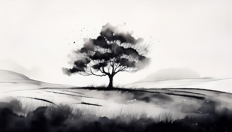 Foto pintura de acuarela monocromática pacífica de un árbol solitario en el campo tinta negra arte dibujado a mano abstracto