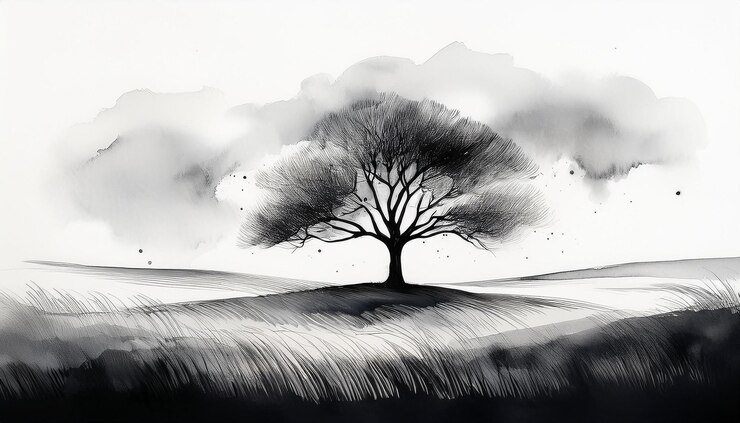 Foto pintura de acuarela monocromática pacífica de un árbol solitario en el campo tinta negra arte dibujado a mano abstracto