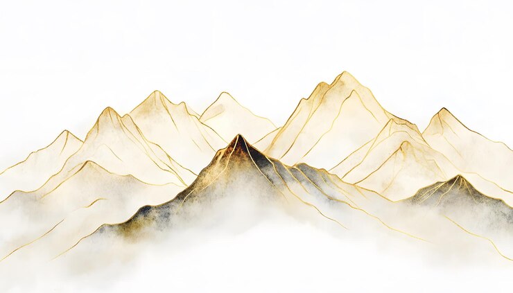 Pintura en acuarela de las montañas doradas con niebla
