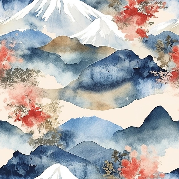 Una pintura de acuarela de montañas y una montaña con un cielo azul.
