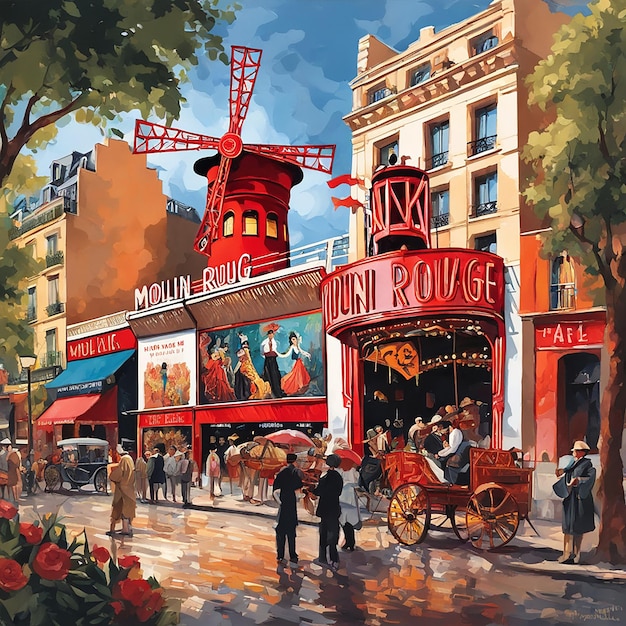 Pintura en acuarela del moulin rouge