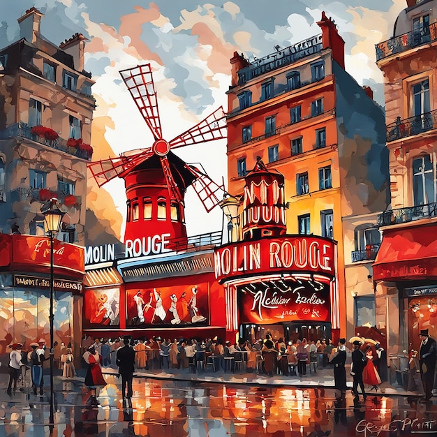 Pintura en acuarela del moulin rouge