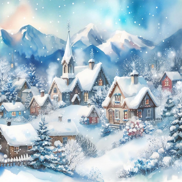 La pintura en acuarela muestra una atmósfera helada que representa el país de las maravillas de invierno cubierto de nieve