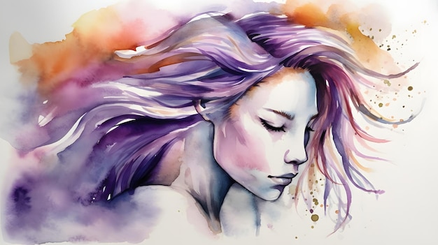 Una pintura de acuarela de una mujer con cabello morado y un cielo morado.