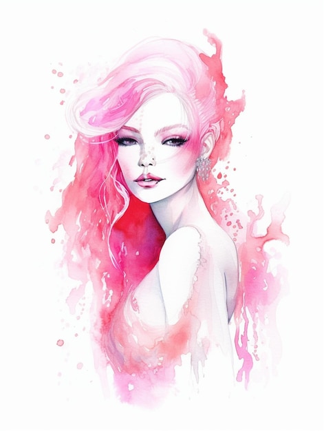 Una pintura en acuarela de una mujer con cabello rosa y un cabello rosa.