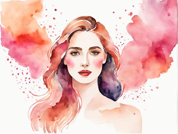 una pintura a la acuarela de una mujer con cabello rosa y una flor rosa en su cabello