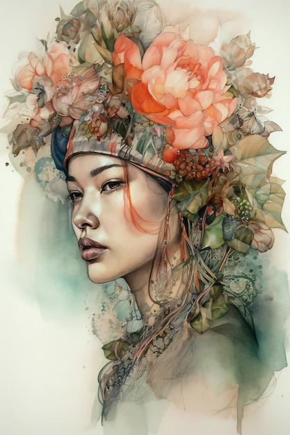 Una pintura de acuarela de una mujer con flores en la cabeza.