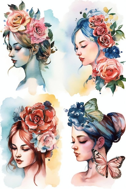 Pintura de acuarela de una mujer con flores en la cabeza