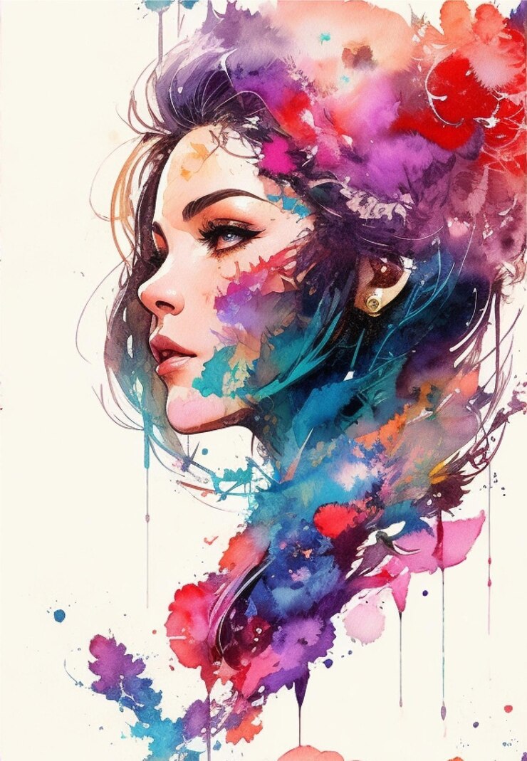Pintura de acuarela de una mujer con flores de colores