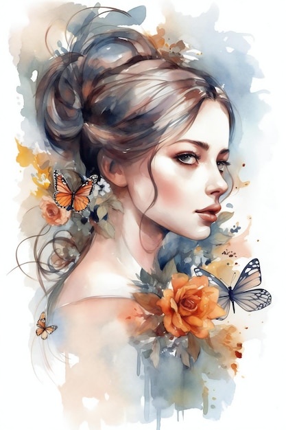 Una pintura de acuarela de una mujer con flores y mariposas.