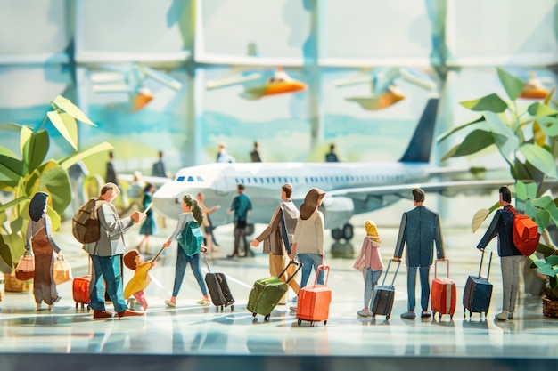 Pintura en acuarela de una multitud de viajeros en el aeropuerto