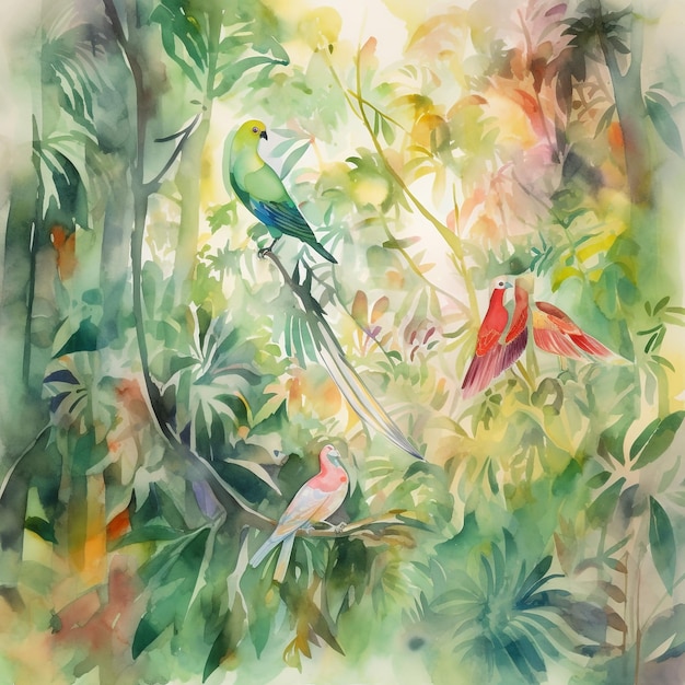 pintura de acuarela muy detallada de bosque tropical