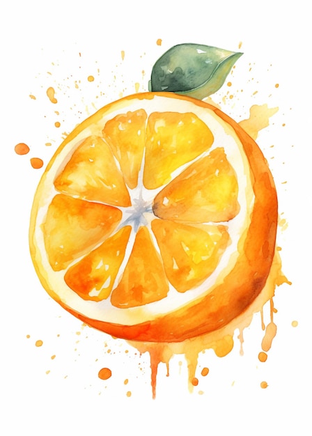 Una pintura de acuarela de una naranja con una hoja verde.
