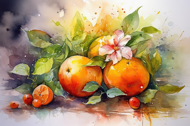 Una pintura de acuarela de naranjas y una flor.