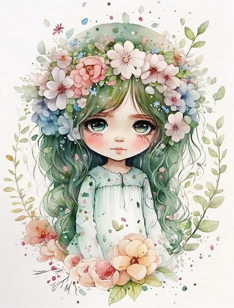 Una pintura de acuarela de una niña con cabello verde y flores en la cabeza