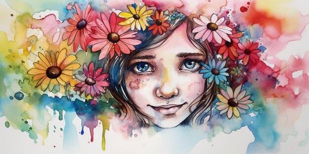 Una pintura de acuarela de una niña con flores en la cabeza.