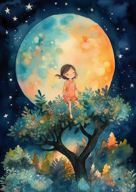 Una pintura de acuarela de una niña sentada en un árbol con la luna al fondo.