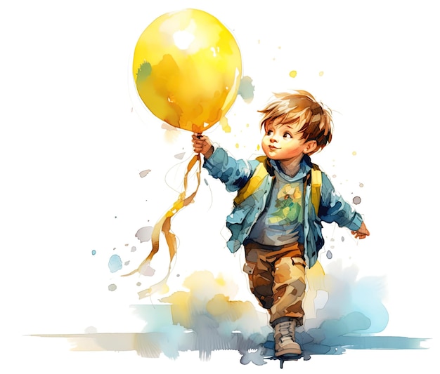 Pintura de acuarela de un niño feliz jugando con un globo creativo AI