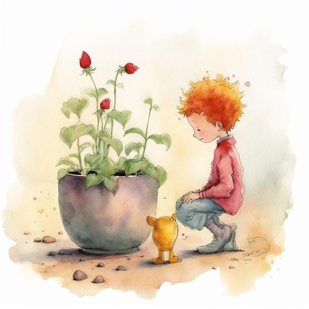 Una pintura de acuarela de un niño y una planta con pooh y pooh.