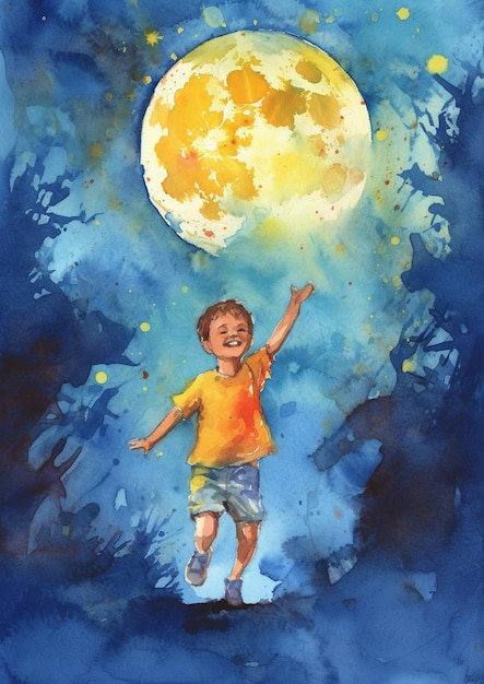 Una pintura de acuarela de un niño volando frente a la luna llena.