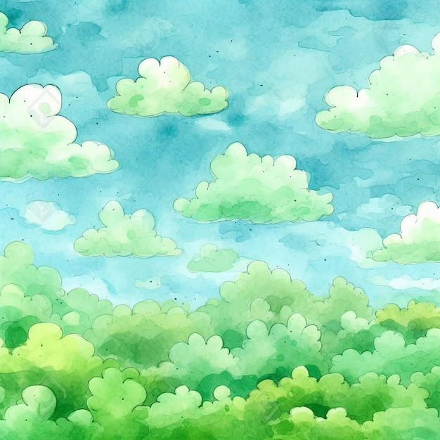 Una pintura de acuarela de nubes en un cielo azul.
