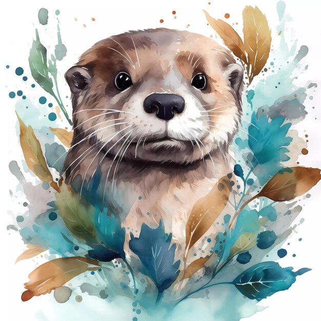 Una pintura de acuarela de una nutria con flores y hojas.