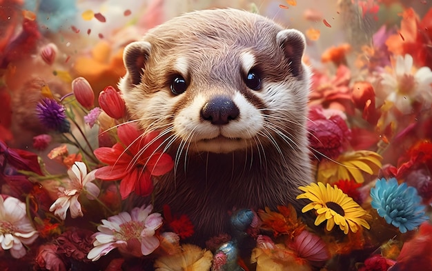 Una pintura de acuarela de una nutria rodeada de flores.