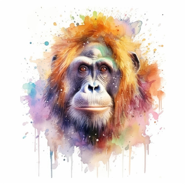 Pintura de acuarela de orangután con fondo blanco.