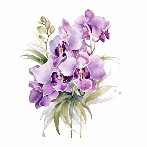 Una pintura de acuarela de orquídeas moradas.