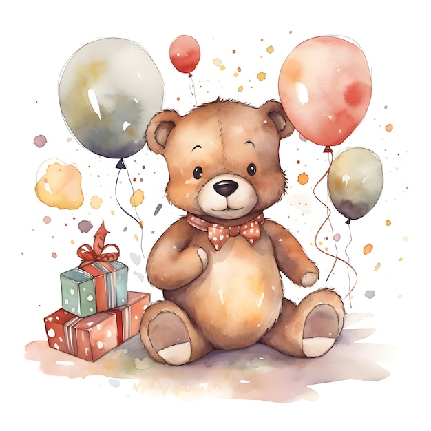 Una pintura de acuarela de un oso de peluche con globos y globos.