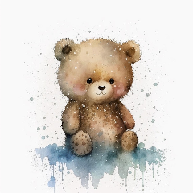 Una pintura de acuarela de un oso de peluche sentado sobre un fondo azul.