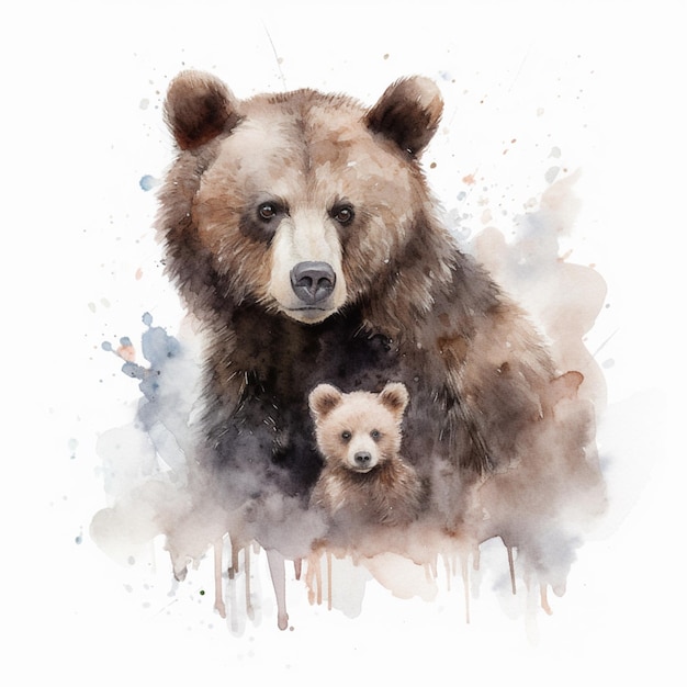 Una pintura de acuarela de un oso y su cachorro.