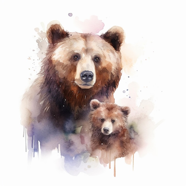 Una pintura de acuarela de un oso y su cachorro.