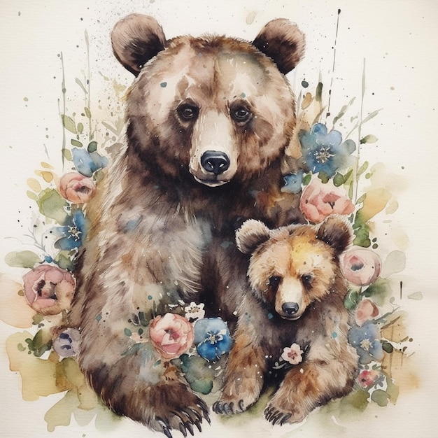 Una pintura de acuarela de un oso y su cachorro.