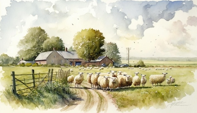 Una pintura de acuarela de ovejas en un campo.