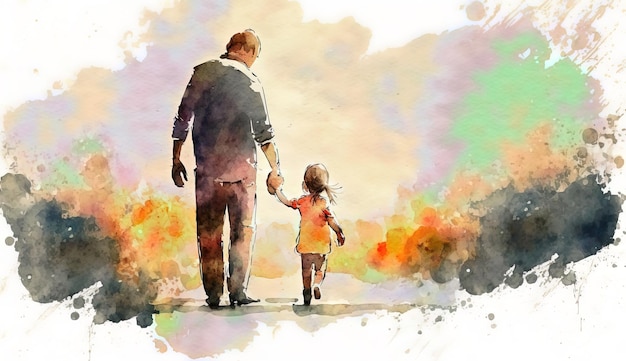 Una pintura de acuarela de un padre y una hija cogidos de la mano.