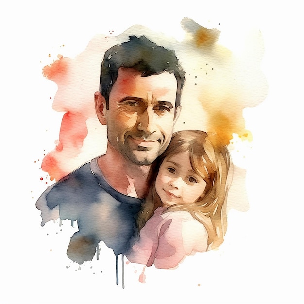 Pintura de acuarela de un padre y una hija para el día del padre Póster