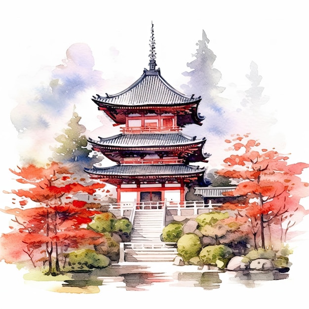 Una pintura de acuarela de una pagoda en japón.